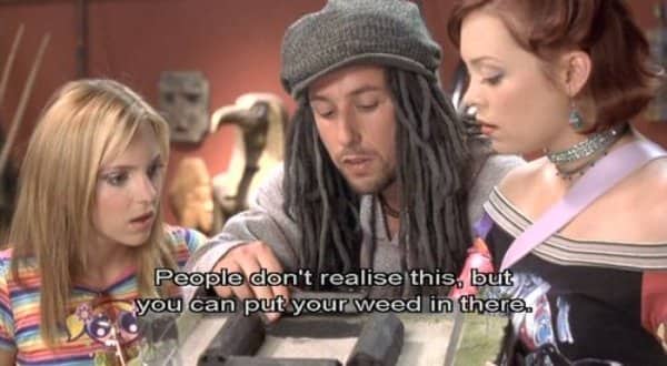 Adam Sandler character in The Hot Chick pointing out where you can hide weed.