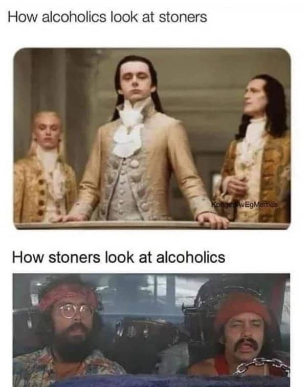 A meme comparing the regal look of alcoholics to the chaotic energy of stoners Cheech and Chong.