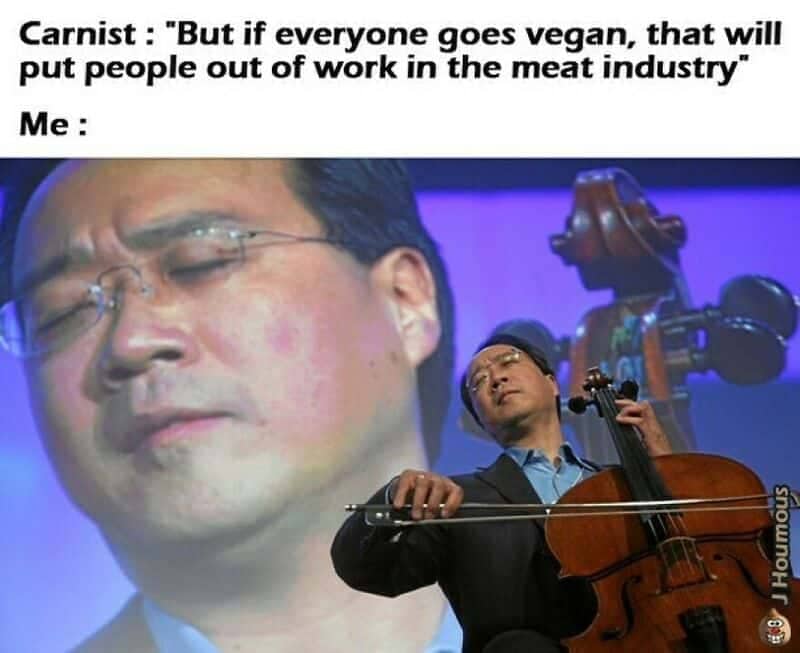 Yo-Yo Ma playing cello passionately in a funny vegetarian memes post about meat industry job concerns.