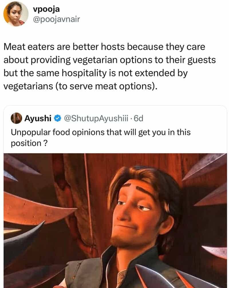Flynn Rider surrounded by swords meme reacting to a controversial hosting opinion in vegetarian memes.