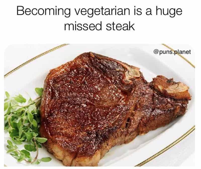 A grilled T-bone steak pun joke about a missed steak in clever vegetarian memes.