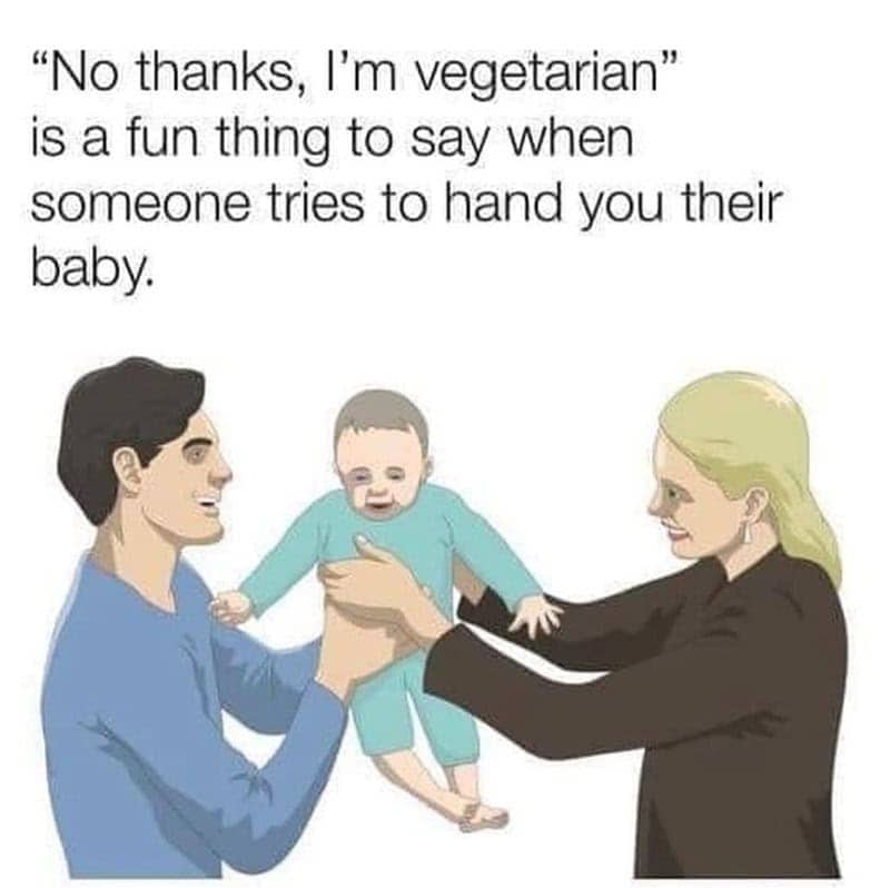 Illustration of a couple handing over a baby with a funny joke from vegetarian memes.