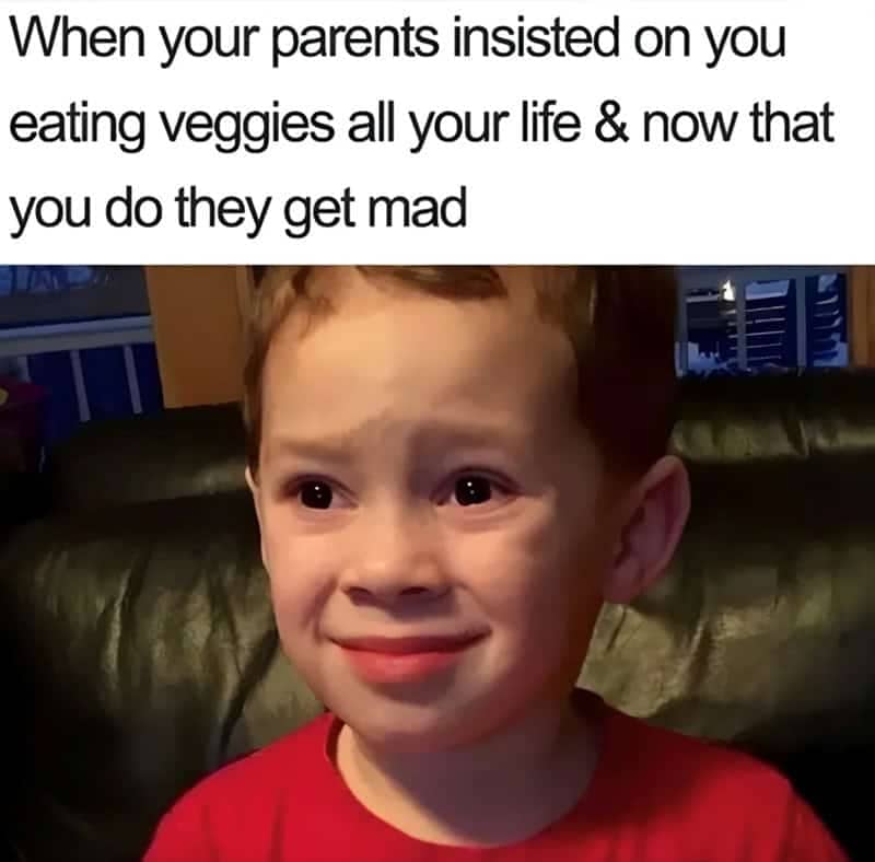Awkward smiling boy meme showing parents getting mad at veggie diets in vegetarian memes.