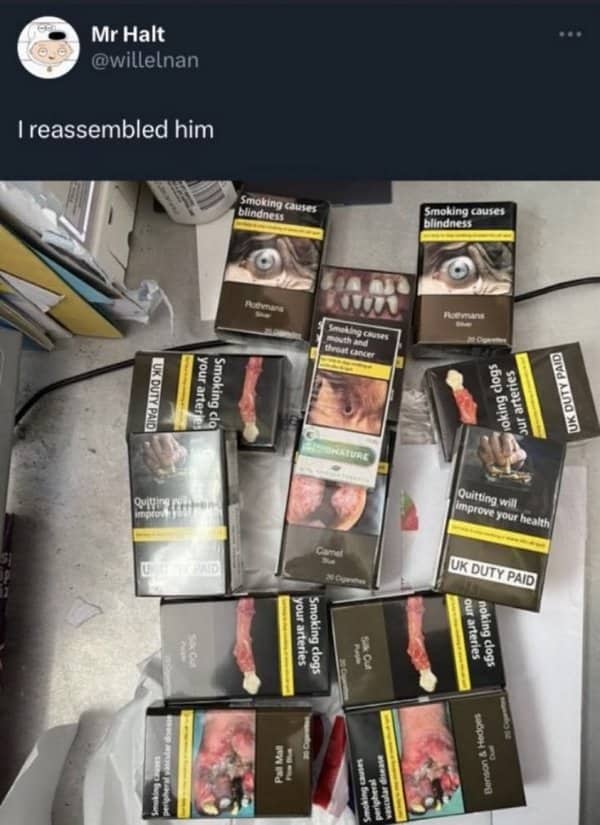Graphic warning labels on cigarette cartons arranged to form a horrifying collage of a human.