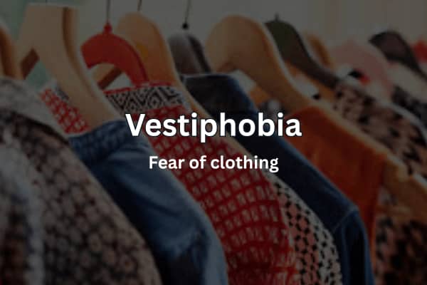 Text overlay defining Vestiphobia as the fear of clothing over a blurry clothing rack background.
