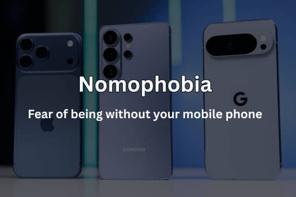 Text overlay defining Nomophobia as the fear of being without your phone over smartphones.