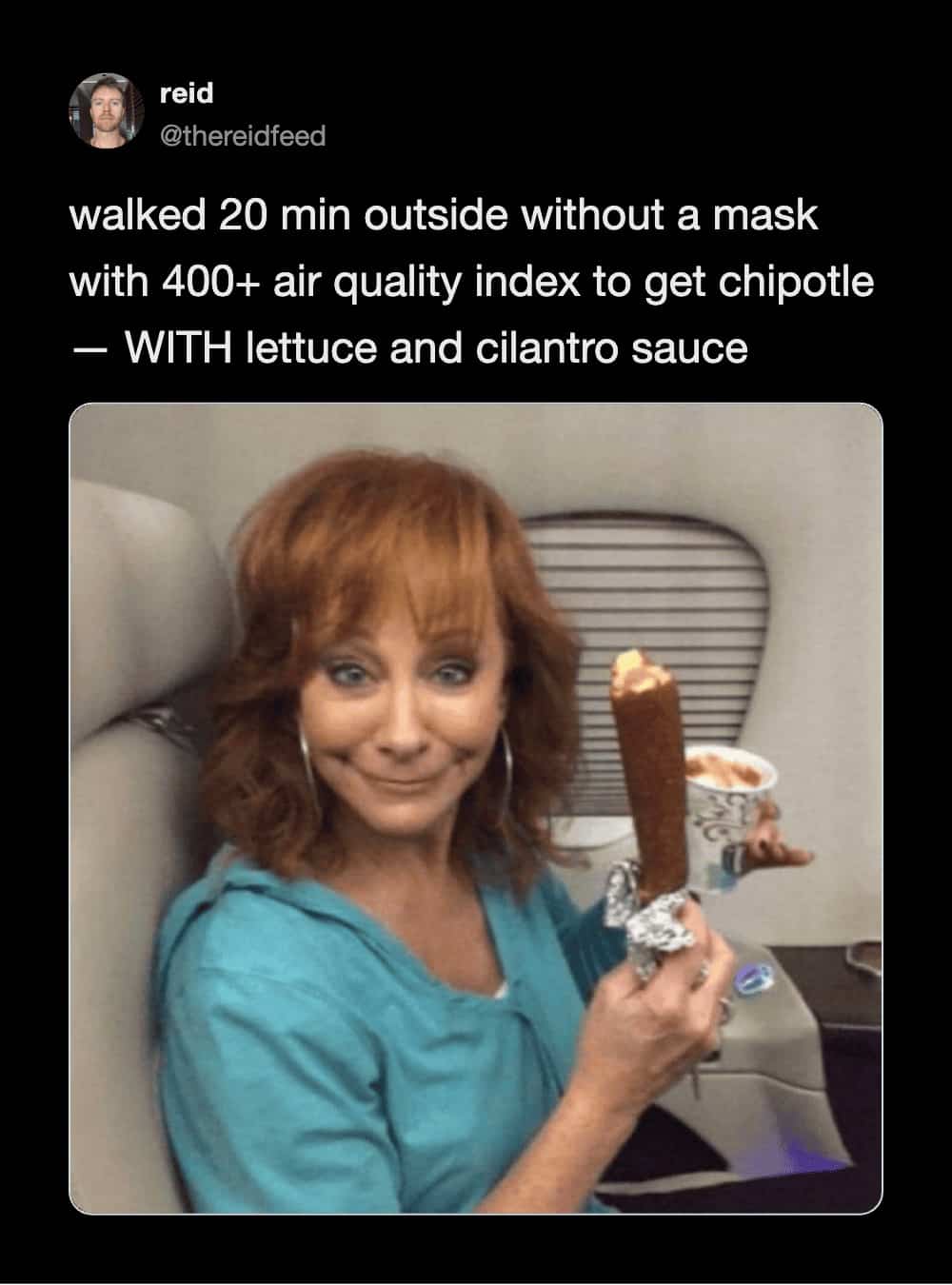 Humorous wildfire smoke meme about risking a high air quality index for a Chipotle run.