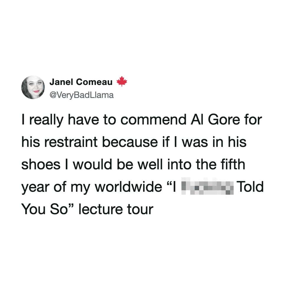 Witty tweet about Al Gore and climate change warnings in a wildfire smoke meme.