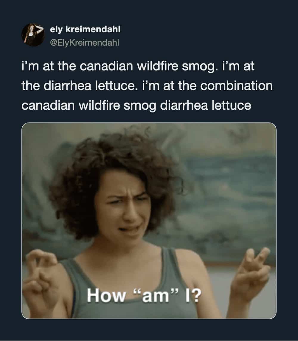 Broad City television show reaction template joking about Canadian wildfire smoke and bad lettuce.