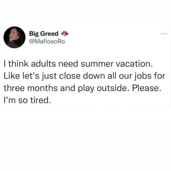 A social media post advocating for adults to receive three months of summer vacation to play outside.