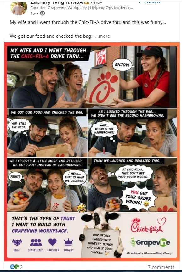 Cringe LinkedIn post comparing a Chick-fil-A order mistake to building business trust.