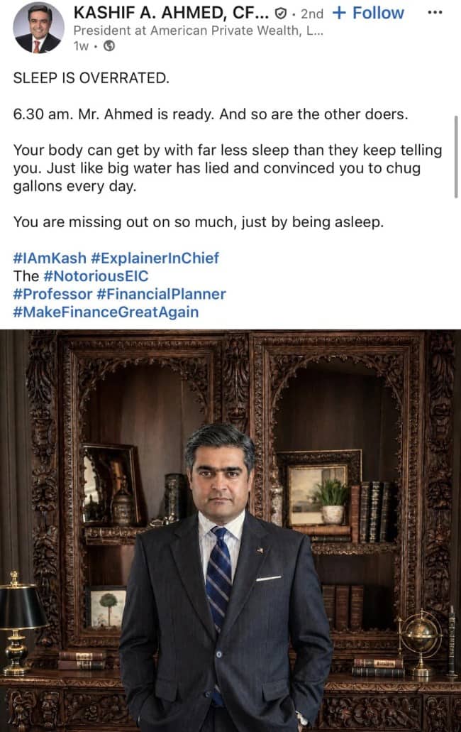Wild LinkedIn post asserting that sleep is overrated and big water has lied.