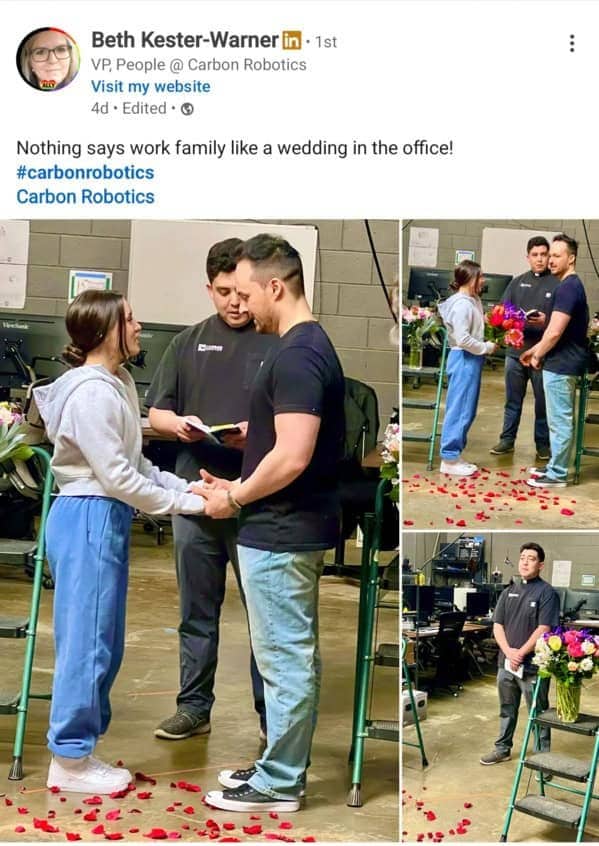LinkedIn post showcasing an impromptu wedding ceremony inside a sterile office space.