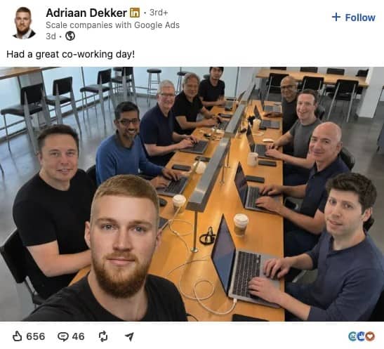 Photoshopped LinkedIn post claiming to have a co-working day with tech billionaires.