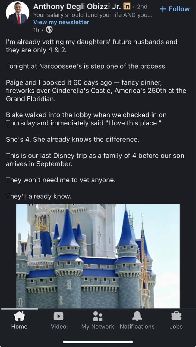 Strange LinkedIn post about vetting toddler daughters' future husbands at a Disney resort.