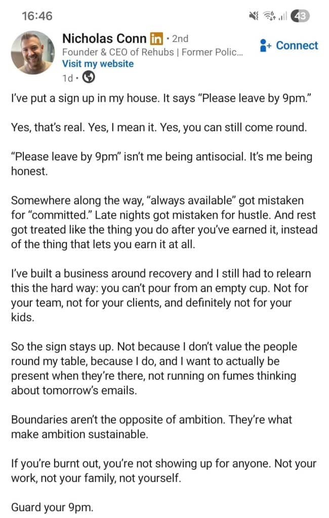 Preachy LinkedIn text post advocating for a strict nine PM guest curfew sign.