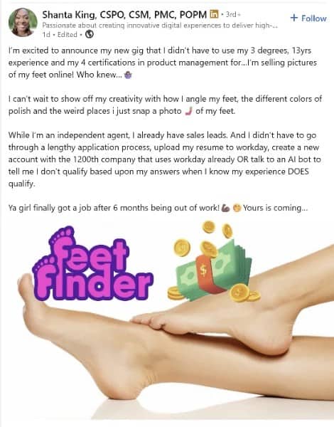 Unusual LinkedIn post celebrating a transition from tech degrees to selling feet photos.