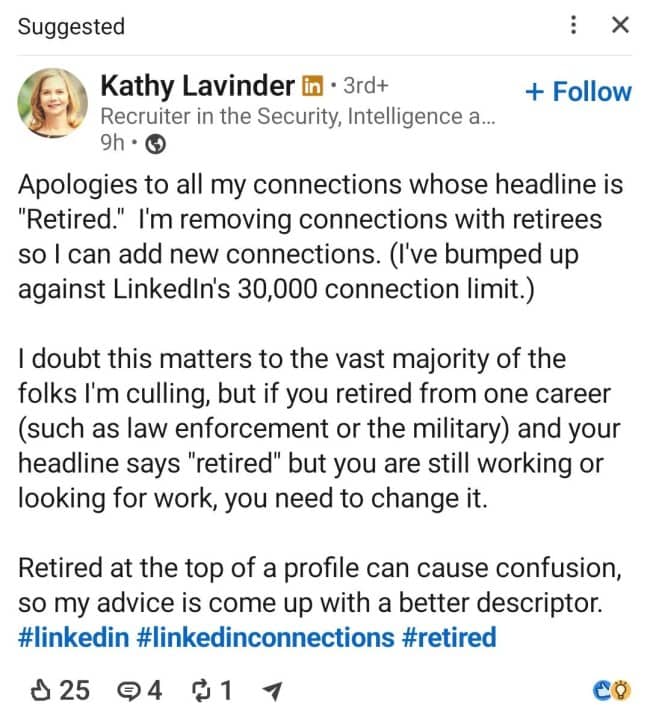 Ruthless LinkedIn post explaining the mass deletion of retired professional connections.